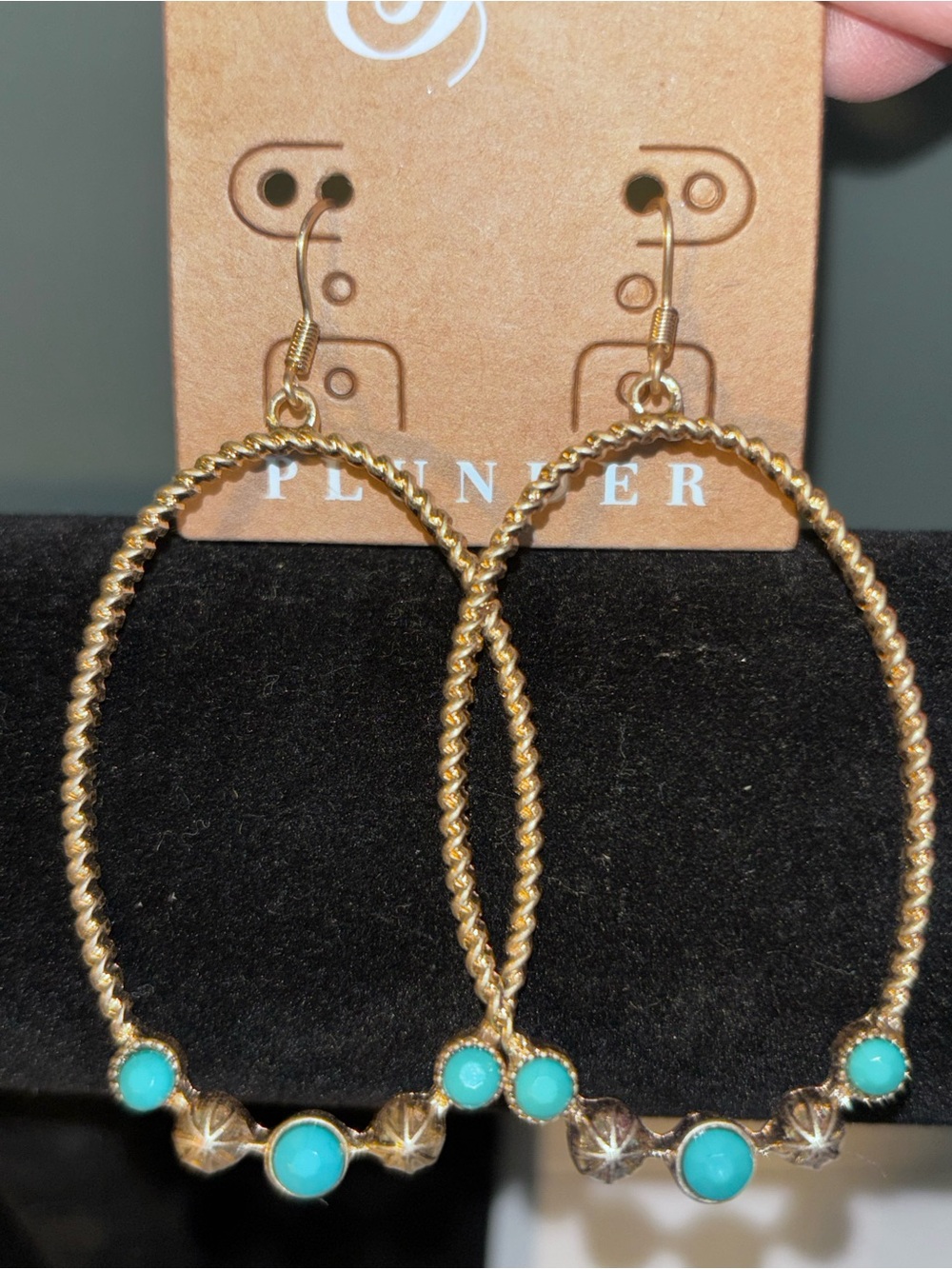 Plunder Gold Tone Hoop Earrings with Turquoise Colored Stones